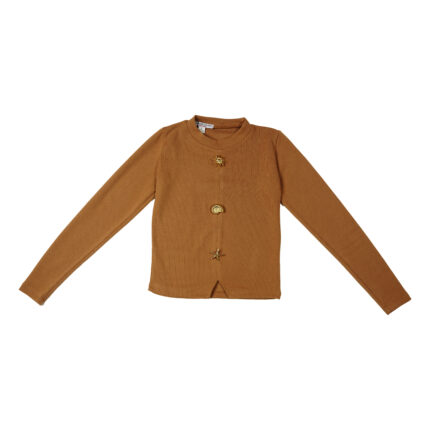 Top court en tricot côtelé Marron avec Boutons Marins Dorés