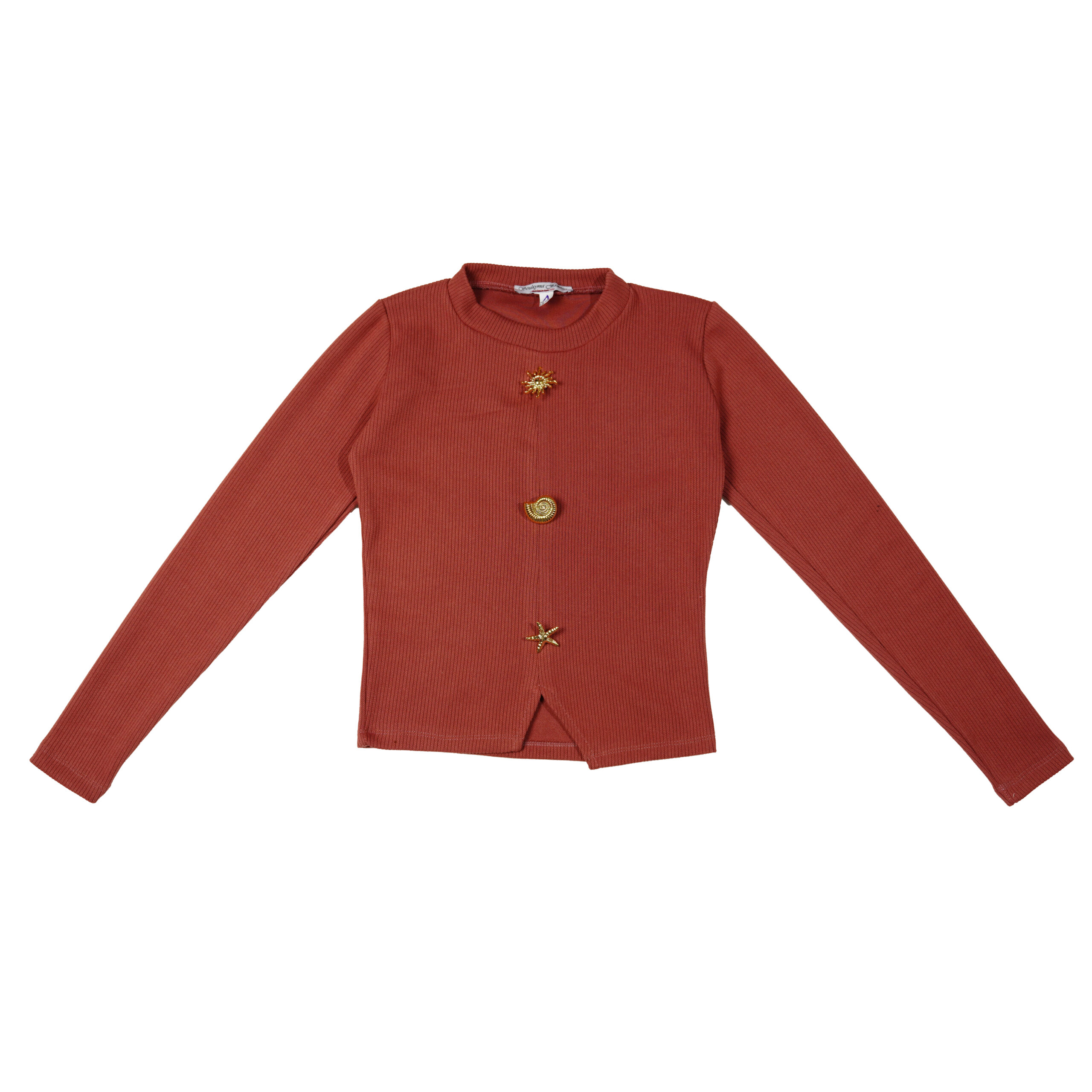 Top court en tricot côtelé rose avec Boutons Marins Dorés Top pull court en tricot côtelé bordeaux, – Image 1