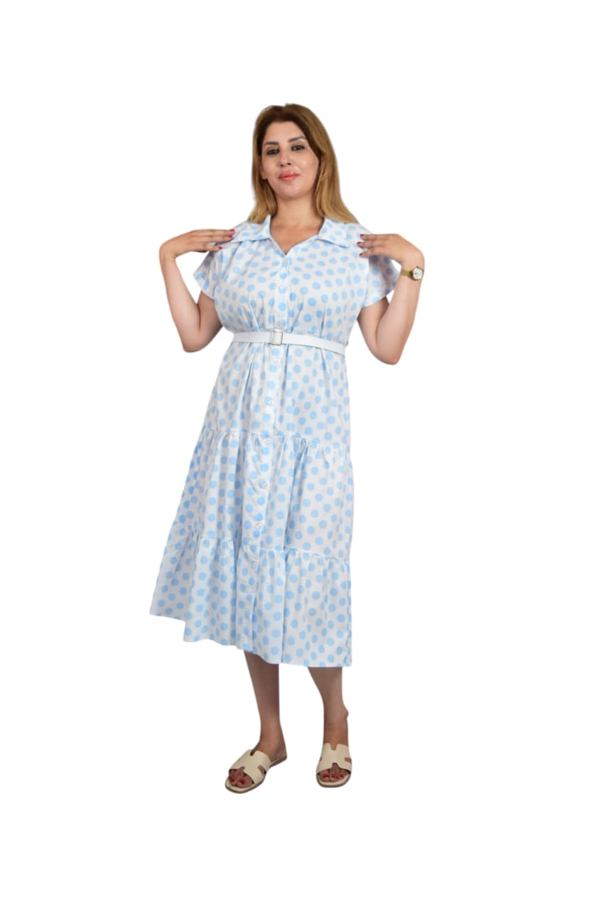 robe mi-longue à pois avec une ceinture assortie bleu robe mi-longue à points avec une ceinture assortie 6 couleurs – Image 1